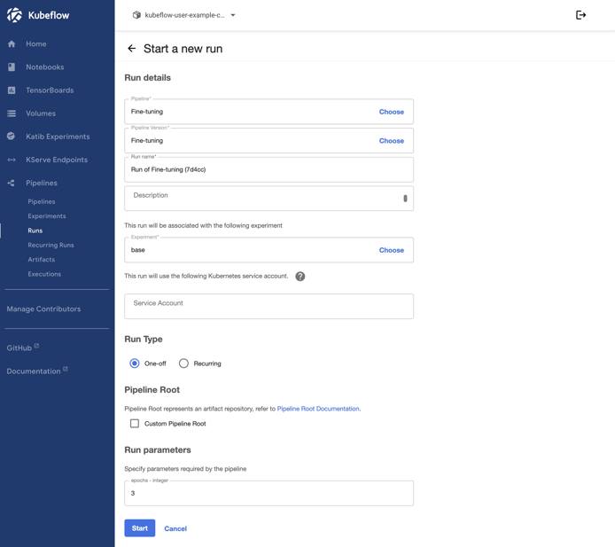 Screenshot of the Start a new run page within Kubeflow