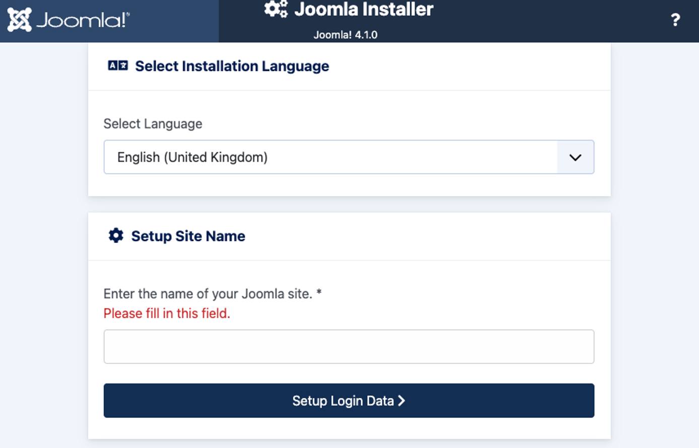 Screenshot of the Joomla Installer prompt Screenshot of the Joomla Installer prompt